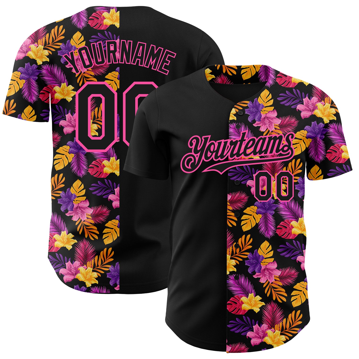 Personalized 3D Tropical Flower Black Pink Baseball Jersey with Hawaii Palm Leaves Personalized Black Pink 3D Tropical Flower