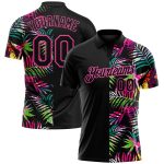 Personalized 3D Tropical Black Pink Palm Leaves Golf Polo Shirt for Performance Personalized Black Pink 3D Tropical Hawaii