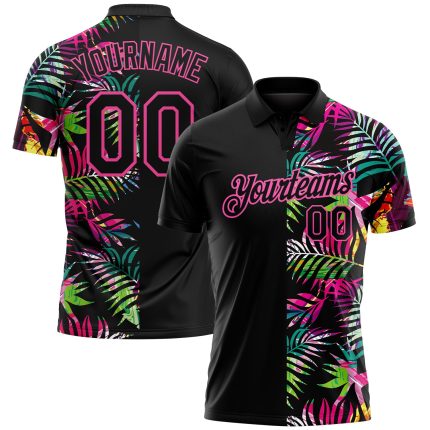 Personalized 3D Tropical Black Pink Palm Leaves Golf Polo Shirt for Performance Personalized Black Pink 3D Tropical Hawaii