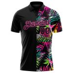 Personalized 3D Tropical Black Pink Palm Leaves Golf Polo Shirt for Performance Personalized Black Pink 3D Tropical Hawaii