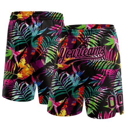 Personalized Tropical Palm Leaves Basketball Shorts in Black and Pink Personalized Black Pink 3D Tropical Palm Leaves Basketball