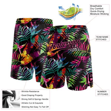 Personalized Tropical Palm Leaves Basketball Shorts in Black and Pink Personalized Black Pink 3D Tropical Palm Leaves Basketball