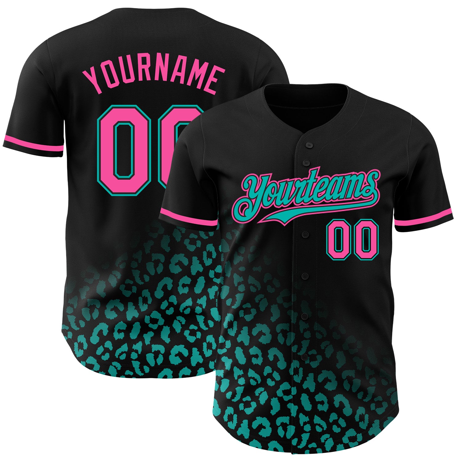Custom Name and Number Leopard Print Fade Baseball Jersey in Black Pink-Aqua 3D Pattern Design - Fashion Authentic Team Apparel