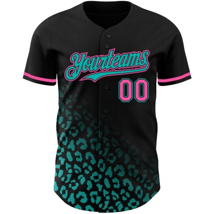 Custom Name and Number Leopard Print Fade Baseball Jersey in Black Pink-Aqua 3D Pattern Design - Fashion Authentic Team Apparel