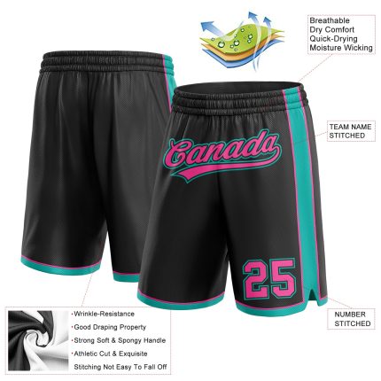 Custom Personalized Basketball Shorts Black Pink-Aqua with Team Name and Number Personalized Black Pink-Aqua Authentic Basketball