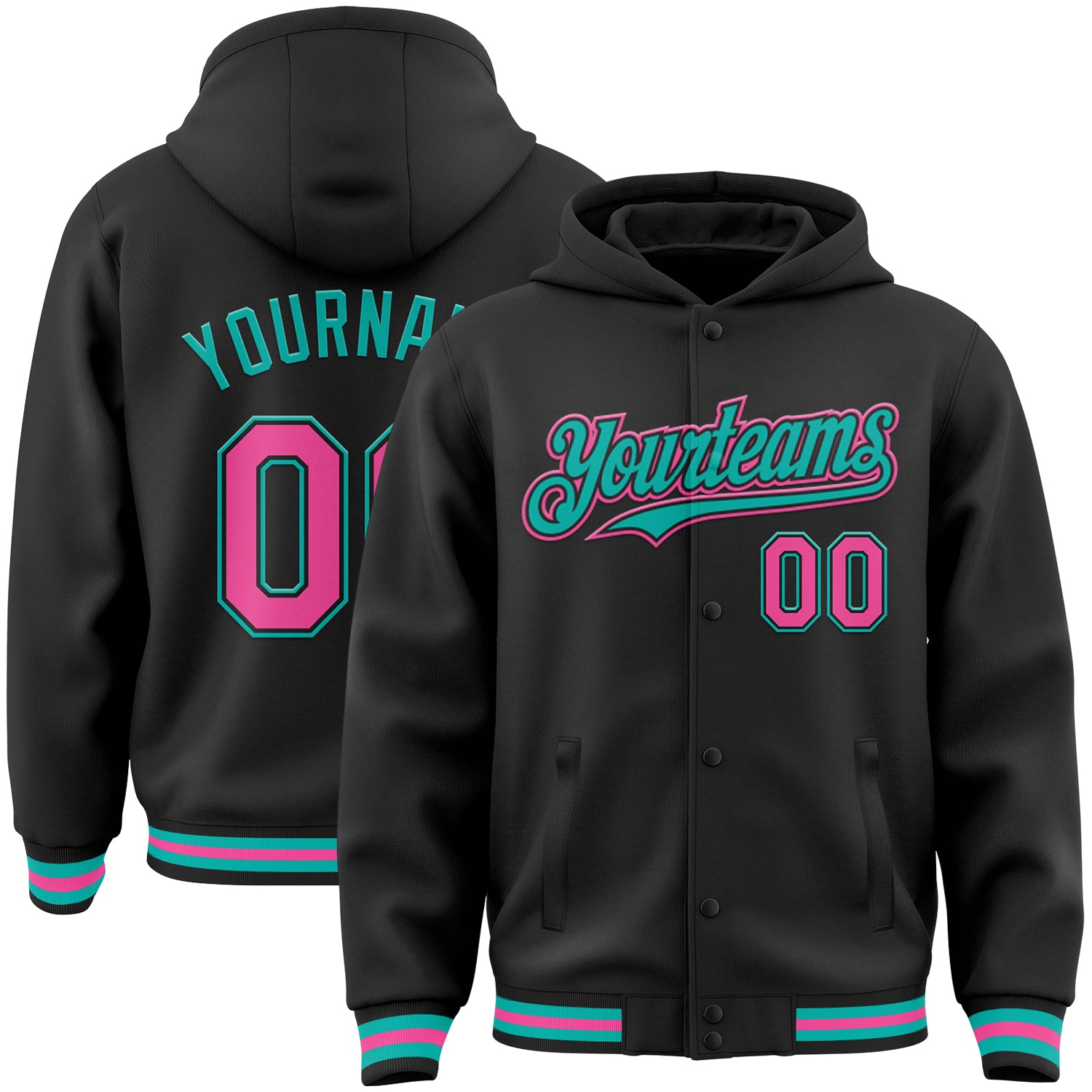 Custom Name and Number Black Pink-Aqua Letterman Varsity Bomber Hoodie Jacket Personalized Black Pink-Aqua Bomber Full-Snap