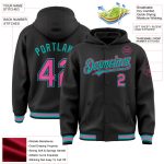 Custom Name and Number Black Pink-Aqua Letterman Varsity Bomber Hoodie Jacket Personalized Black Pink-Aqua Bomber Full-Snap
