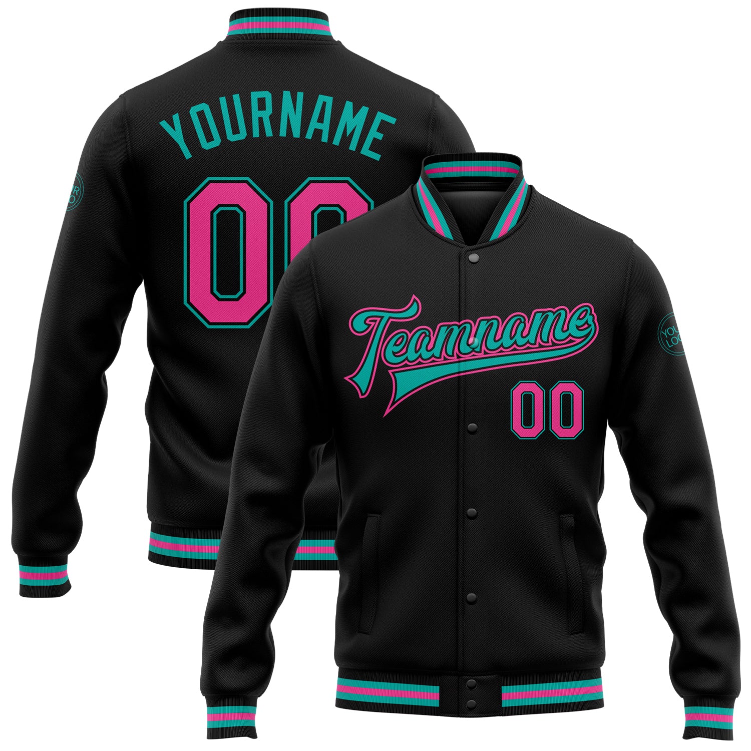 Custom Personalized Varsity Letterman Jacket with Name and Number - Black Pink Aqua Full-Snap Bomber Personalized Black Pink-Aqua