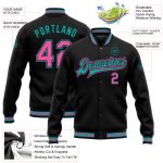 Custom Personalized Varsity Letterman Jacket with Name and Number - Black Pink Aqua Full-Snap Bomber Personalized Black Pink-Aqua