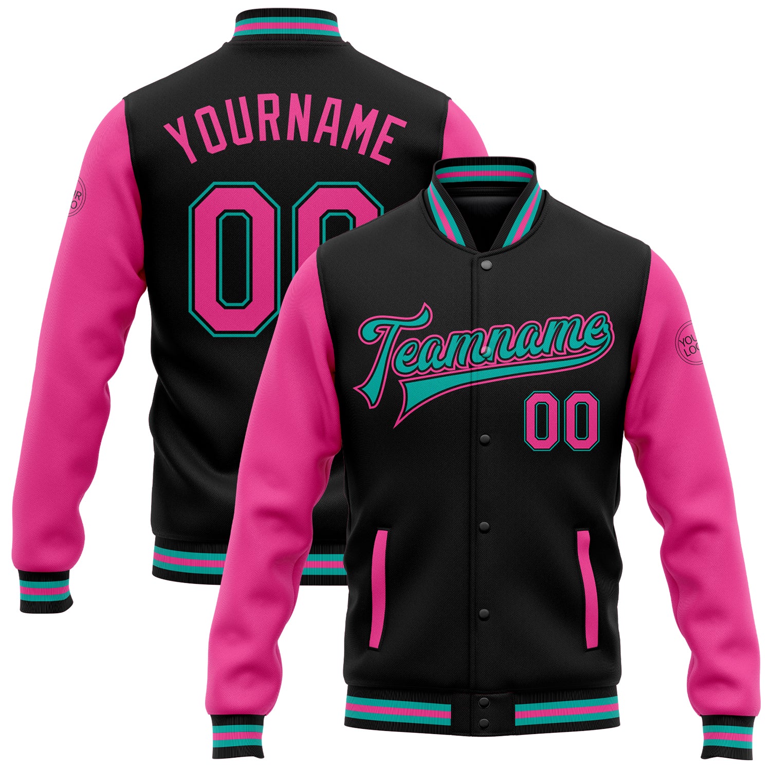 Custom Name & Number Black Pink-Aqua Varsity Letterman Bomber Jacket for Teams, Full-Snap Two Tone Design Personalized Black
