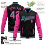 Custom Name & Number Black Pink-Aqua Varsity Letterman Bomber Jacket for Teams, Full-Snap Two Tone Design Personalized Black