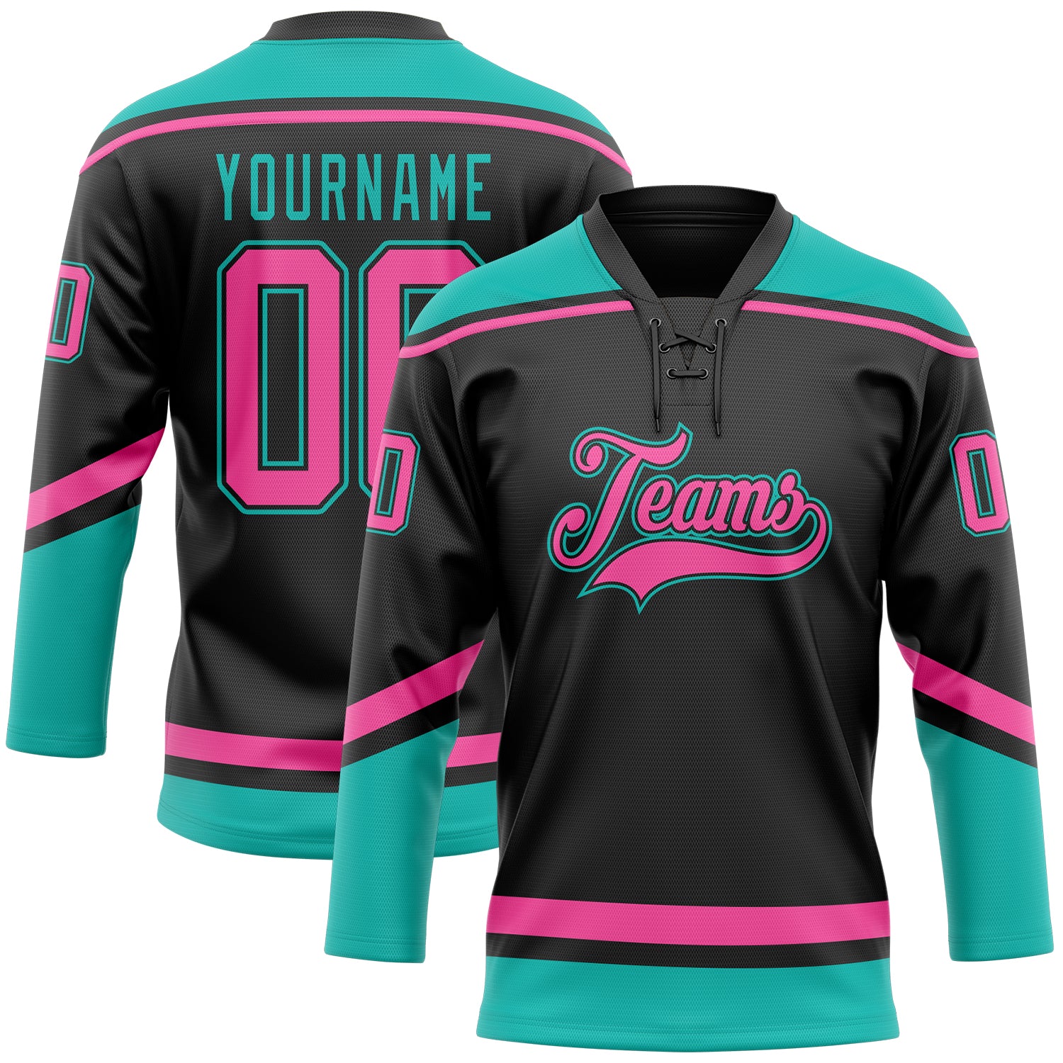 Custom Name and Number Personalized Black Pink Aqua Hockey Lace Neck Jersey - Team Gear Personalized Black Pink-Aqua Hockey