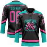 Custom Name and Number Personalized Black Pink Aqua Hockey Lace Neck Jersey - Team Gear Personalized Black Pink-Aqua Hockey