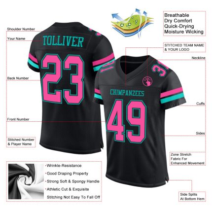 Personalized Black Pink Aqua Football Jersey - Custom Mesh Sports Wear Personalized Black Pink-Aqua Mesh Football Jersey