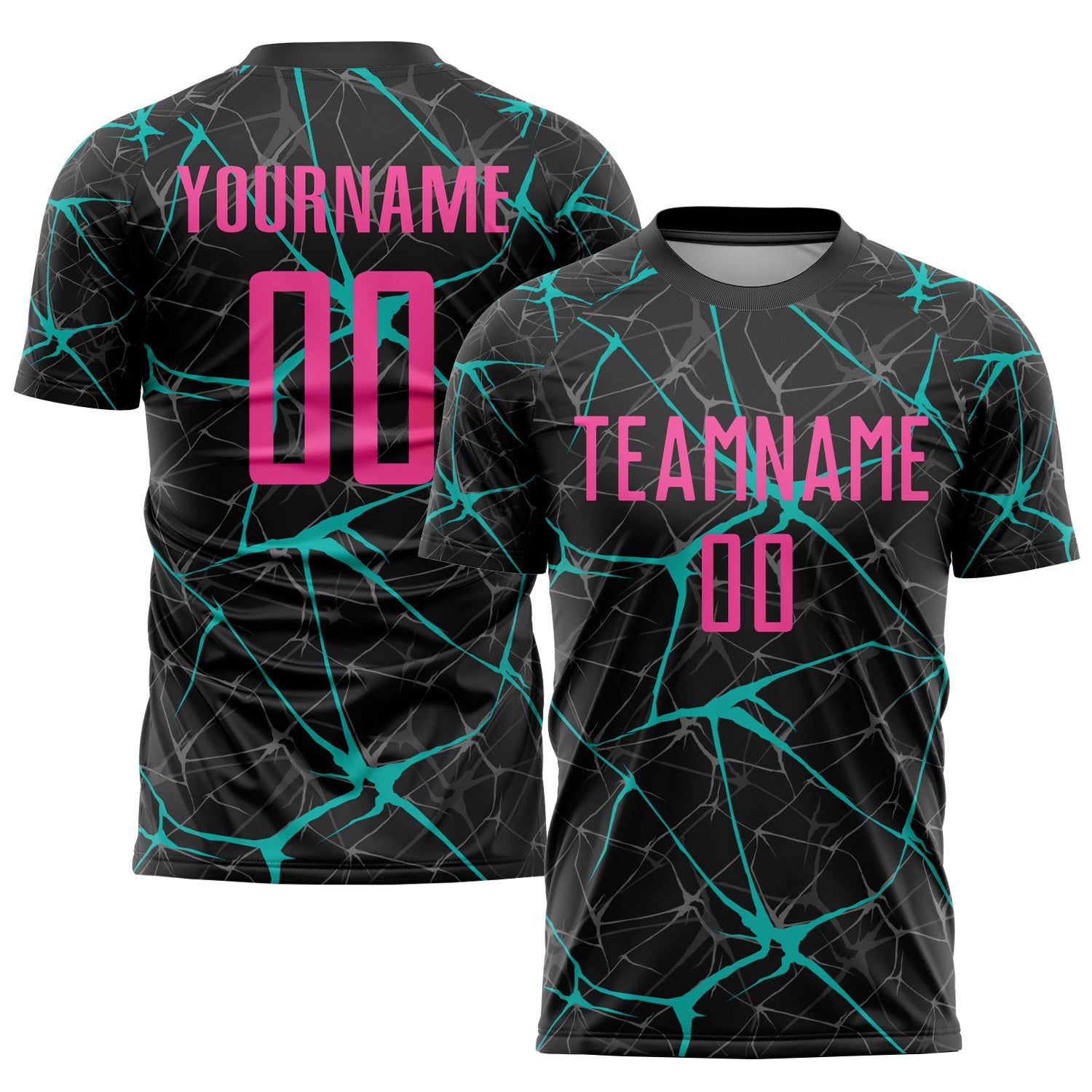 Custom Personalized Black Pink Aqua Soccer Jersey with Team Name and Number - Sublimation Uniform Personalized Black Pink-Aqua