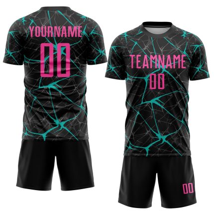 Personalized Pink Aqua Soccer Jersey | Custom Black Sublimation Uniform Personalized Black Pink-Aqua Sublimation Soccer Uniform