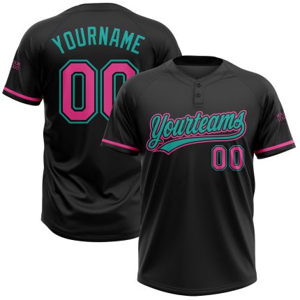 Personalized Unisex Softball Jersey in Black Pink-Aqua, Two-Button Style, Customizable Design for Comfort and Style Personalized