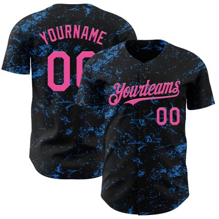Personalized 3D Abstract Splatter Texture Baseball Jersey in Black and Pink with Electric Blue Design Personalized Black