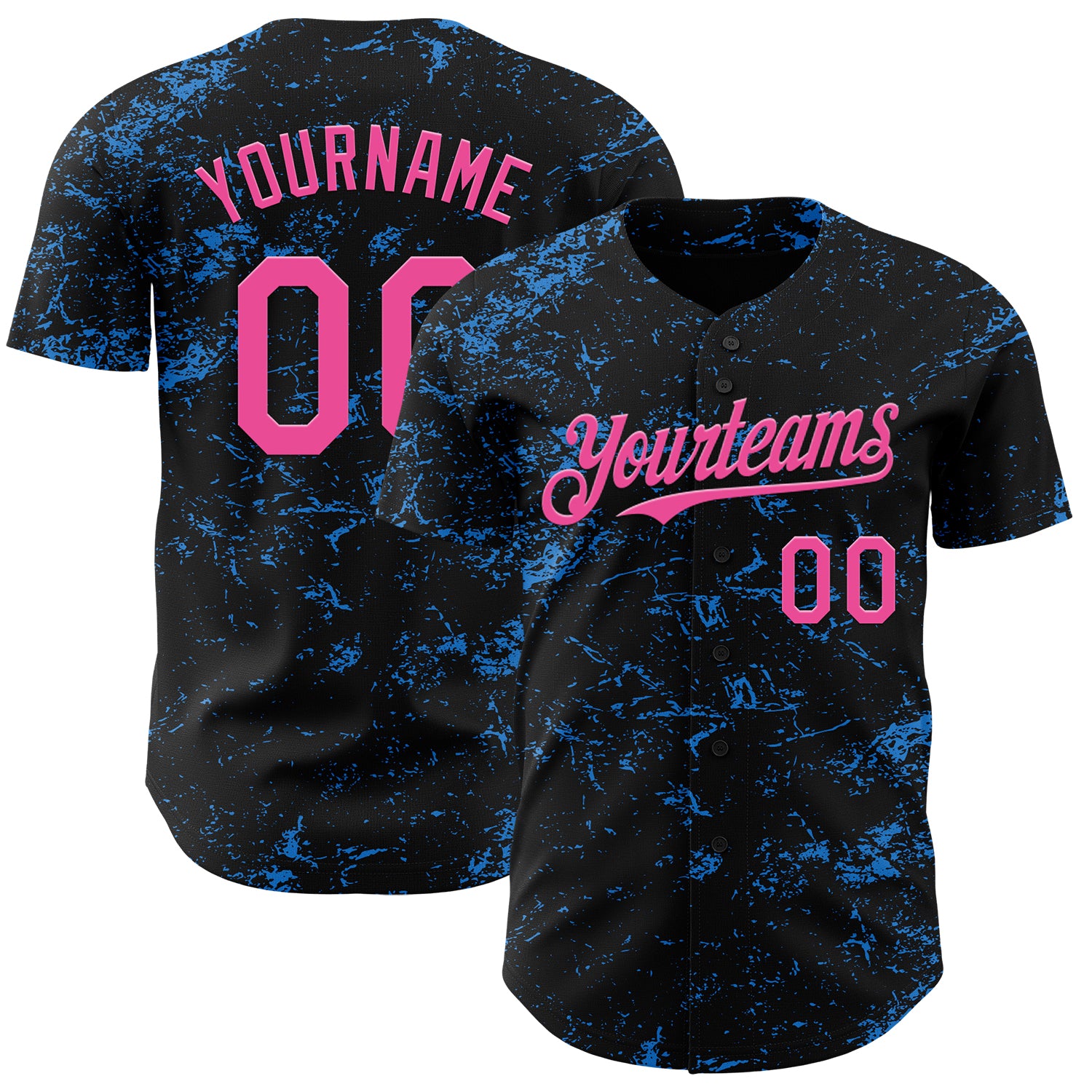 Personalized 3D Abstract Splatter Texture Baseball Jersey in Black and Pink with Electric Blue Design Personalized Black