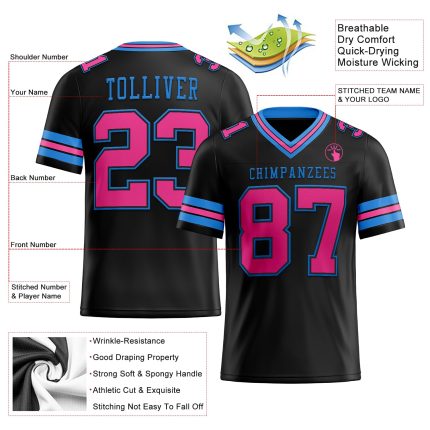 Custom Personalized Football Jersey - Black Pink Electric Blue Mesh with Name & Number Personalized Black Pink-Electric Blue