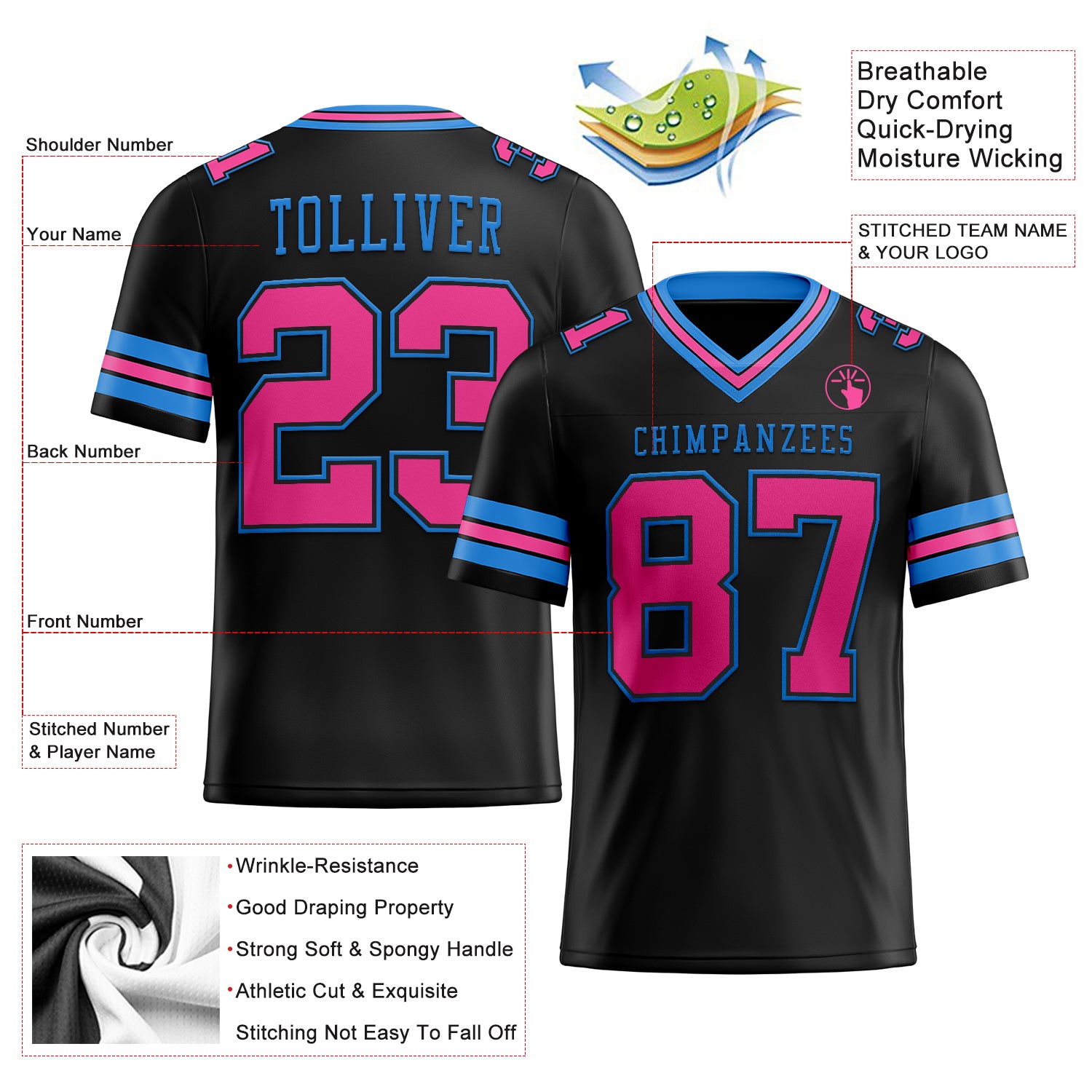 Personalized Black Pink-Electric Blue Mesh Football Jersey Personalized Black and Electric Blue Mesh Football Jersey for Men and Women Personalized Black Pink-Electric Blue Mesh Football - Image 2