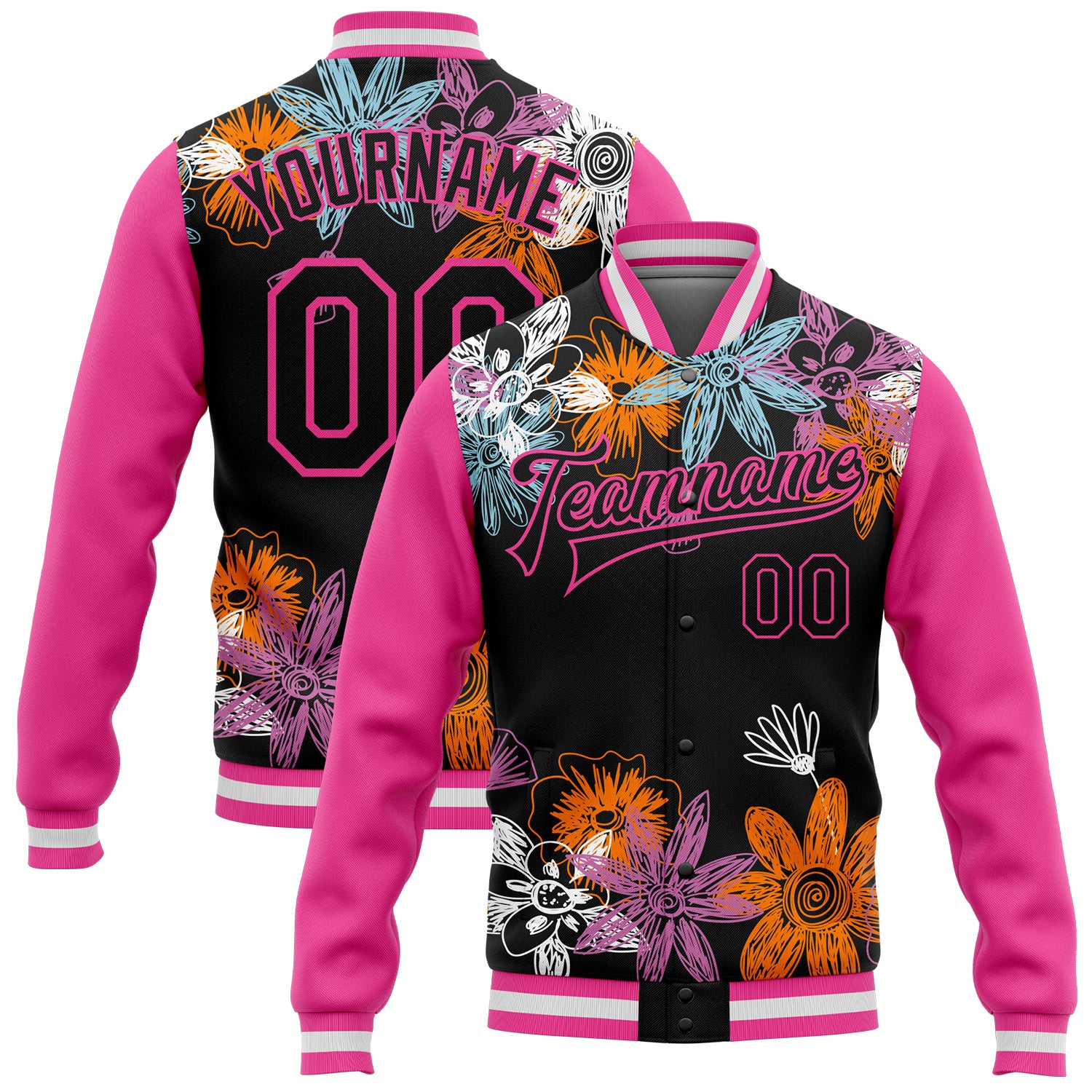 Personalized 3D Black Pink Flowers Varsity Letterman Bomber Jacket Full-Snap Personalized Black Pink Flowers 3D Bomber Full-Snap