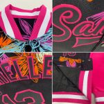 Custom Name and Number Black Pink Flowers 3D Pattern Varsity Letterman Bomber Jacket Personalized Black Pink Flowers 3D Pattern