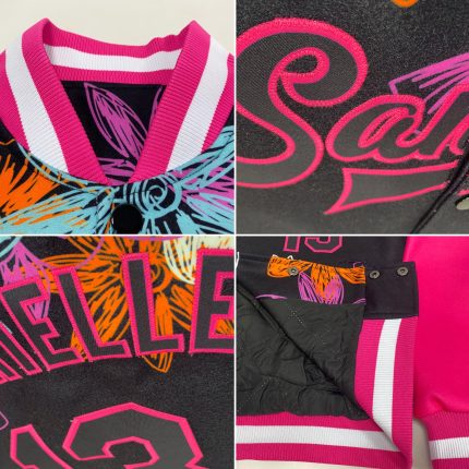 Custom Name and Number Black Pink Flowers 3D Pattern Varsity Letterman Bomber Jacket Personalized Black Pink Flowers 3D Pattern