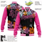 Custom Name and Number Black Pink Flowers 3D Pattern Varsity Letterman Bomber Jacket Personalized Black Pink Flowers 3D Pattern