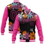 Custom Name and Number Black Pink Flowers 3D Pattern Varsity Letterman Bomber Jacket Personalized Black Pink Flowers 3D Pattern