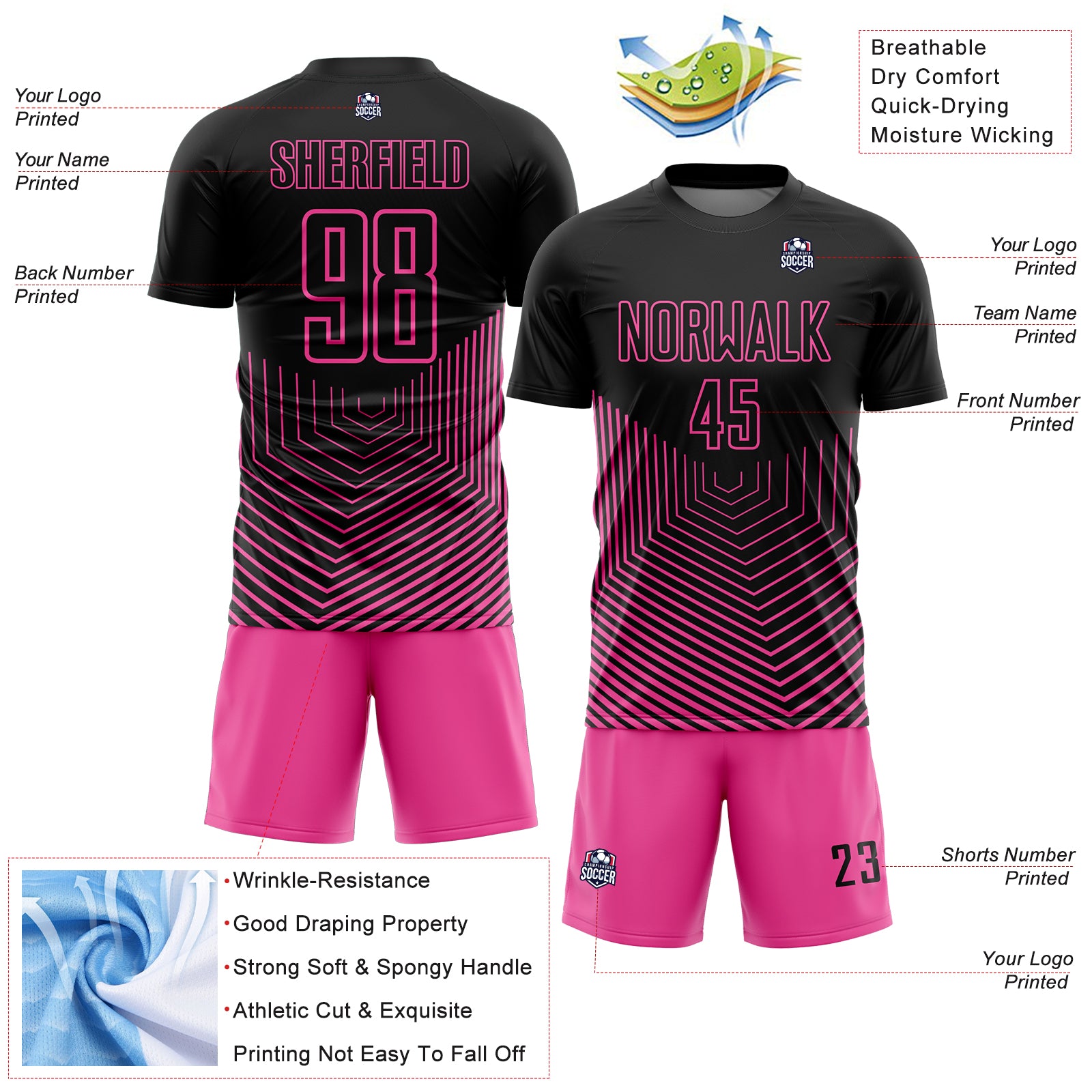 Personalized Black Pink Geometric Lines Sublimation Soccer Uniform Jersey Team Custom Name and Number Personalized Soccer Uniform Jersey with Custom Name and Number - Black Pink Geometric Lines Design Personalized Black Pink - Image 4