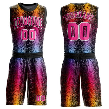 Customizable Black Pink-Gold Animal Fur Print Basketball Jersey with Name and Number - Round Neck Sublimation Suit Personalized