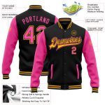 Personalized Pink Gold Bomber Jacket for Women, Full-Snap Varsity Letterman Two Tone Style Personalized Black Pink-Gold Bomber