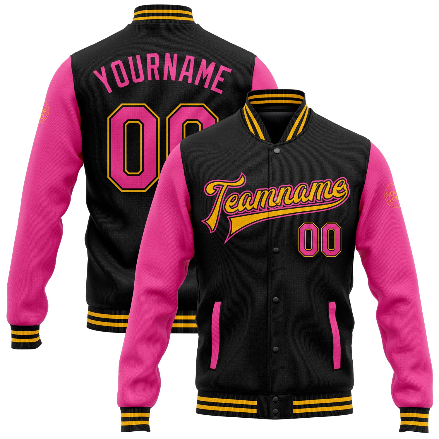 Personalized Pink Gold Bomber Jacket for Women, Full-Snap Varsity Letterman Two Tone Style Personalized Black Pink-Gold Bomber