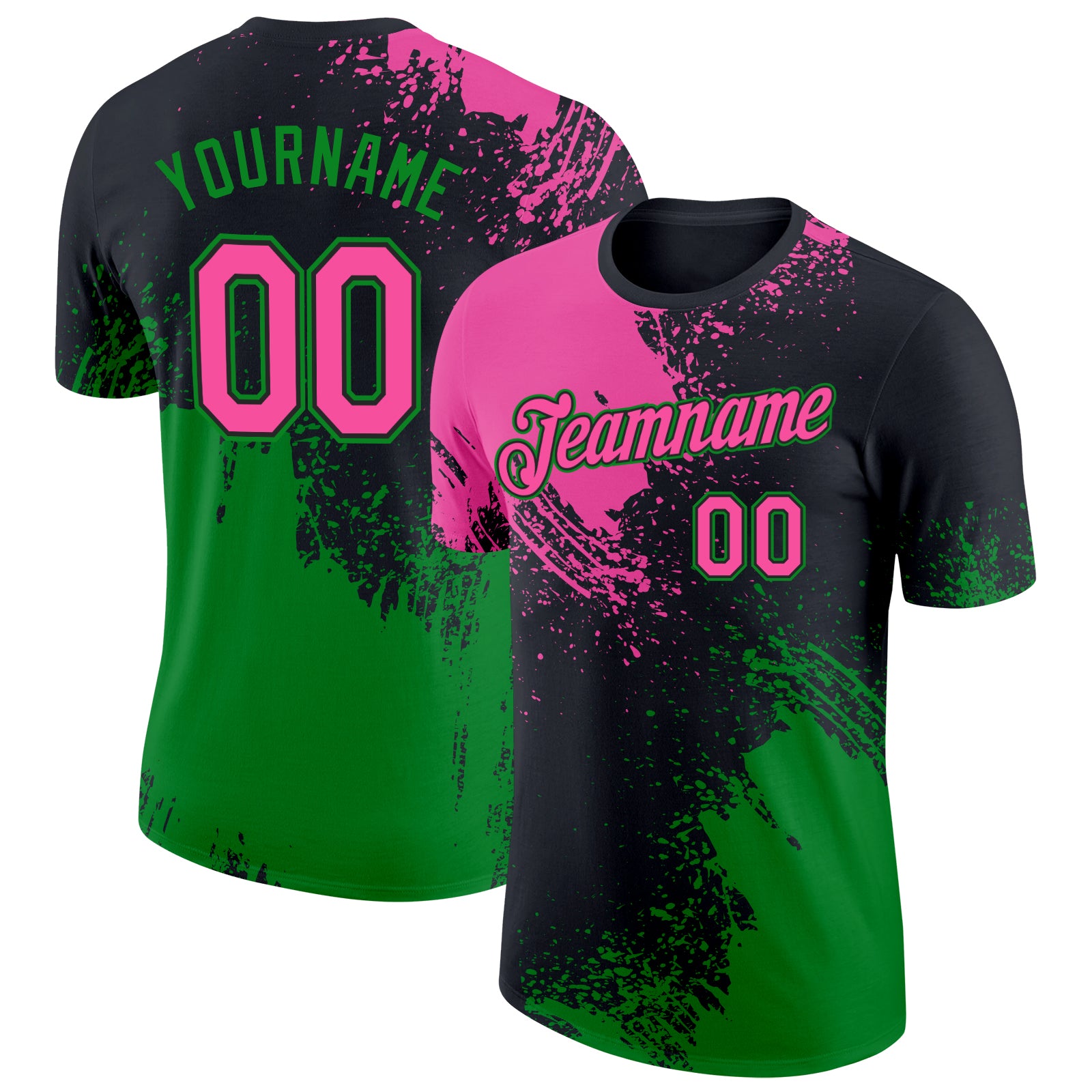 Personalized 3D Abstract Brush Stroke T-Shirt in Black and Pink-Green for Performance Personalized Black Pink-Grass Green