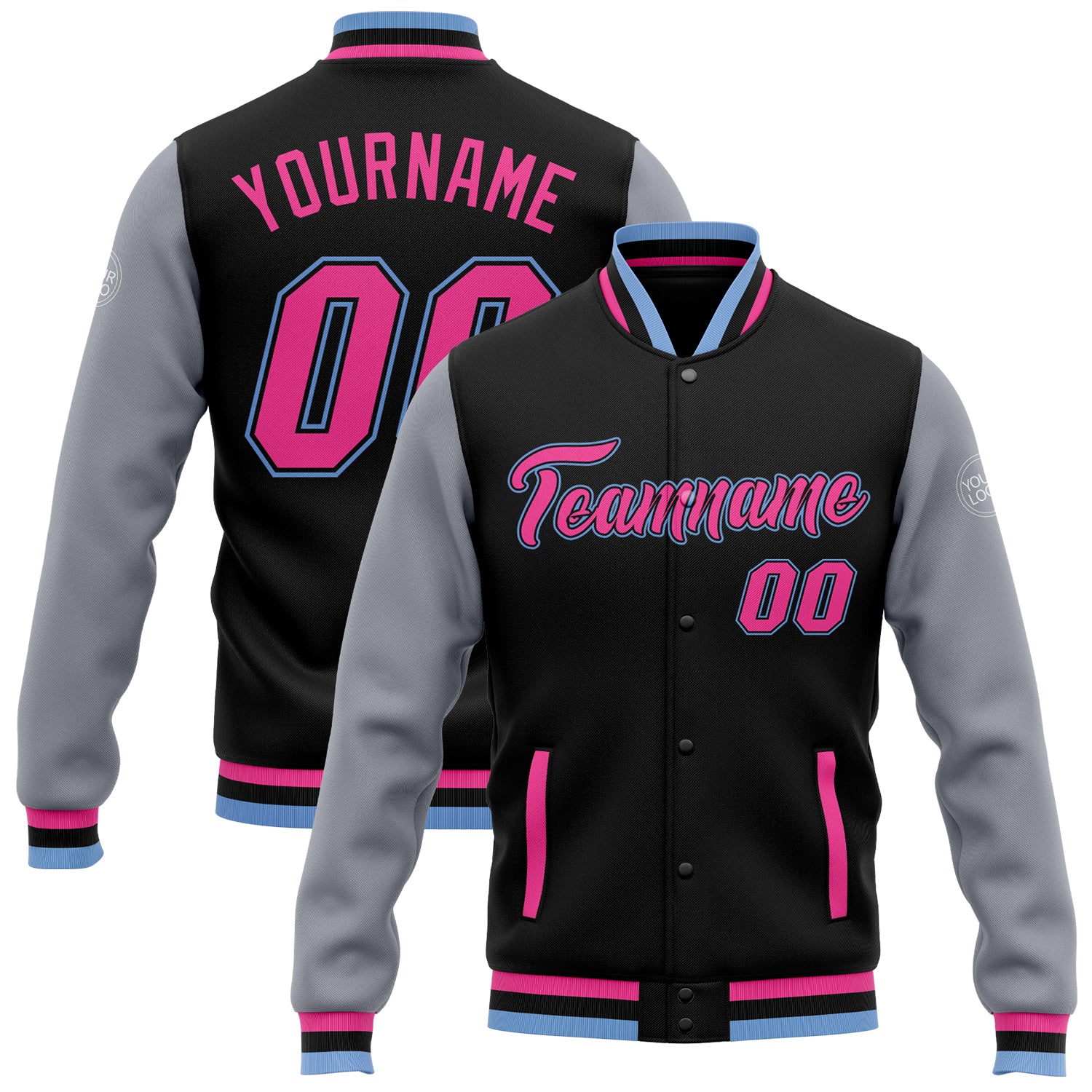 Personalized Two Tone Bomber Jacket for Men and Women - Black Pink Gray Light Blue Full-Snap Varsity Letterman Style Personalized