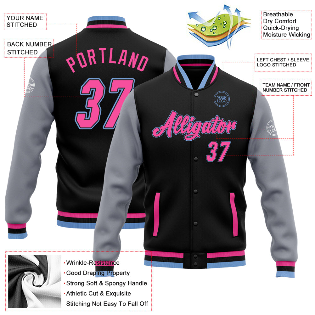 Personalized Black Pink Gray-Light Blue Bomber Full-Snap Varsity Letterman Two Tone Jacket Personalized Two Tone Bomber Jacket for Men and Women - Black Pink Gray Light Blue Full-Snap Varsity Letterman Style Personalized - Image 5