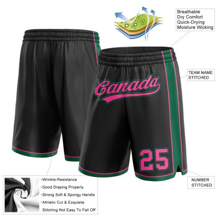 Custom Personalized Basketball Shorts with Team Name and Number - Black Pink and Kelly Green Authentic Design Personalized