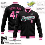 Personalized Black Pink Kelly Green Varsity Letterman Bomber Jacket Full-Snap Personalized Black Pink-Kelly Green Bomber
