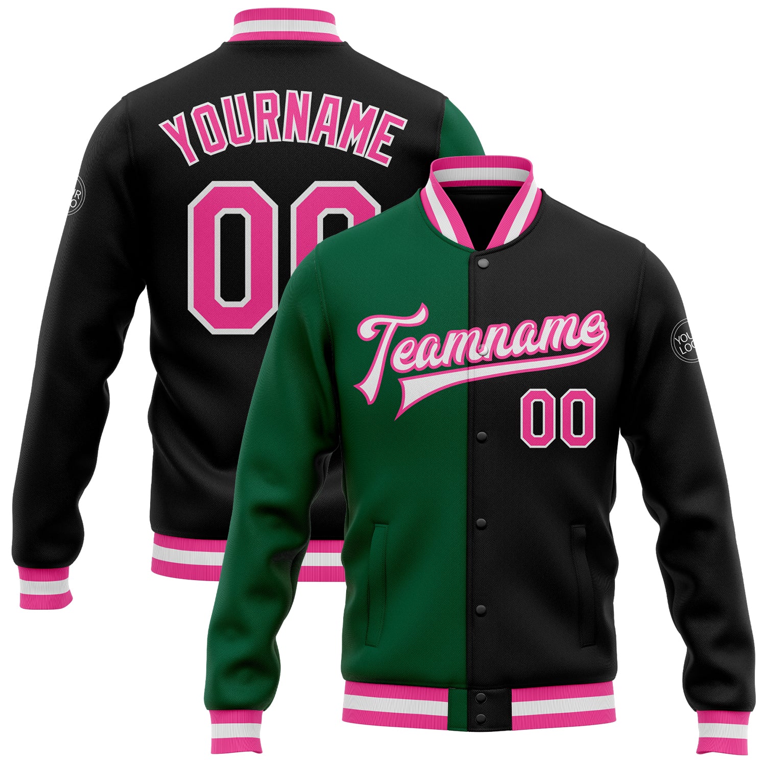 Personalized Black Pink Kelly Green Bomber Varsity Letterman Jacket - Stylish Split Fashion Outerwear for Women Personalized