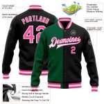 Personalized Black Pink Kelly Green Bomber Varsity Letterman Jacket - Stylish Split Fashion Outerwear for Women Personalized