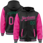 Custom Two Tone Bomber Hoodie Jacket Personalized Black Pink-Kelly Green Varsity Full-Snap with Team Name and Number Personalized