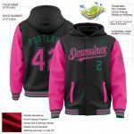 Custom Two Tone Bomber Hoodie Jacket Personalized Black Pink-Kelly Green Varsity Full-Snap with Team Name and Number Personalized