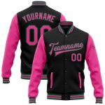 Personalized Two Tone Black Pink Kelly Green Varsity Letterman Bomber Full-Snap Jacket Personalized Black Pink-Kelly Green