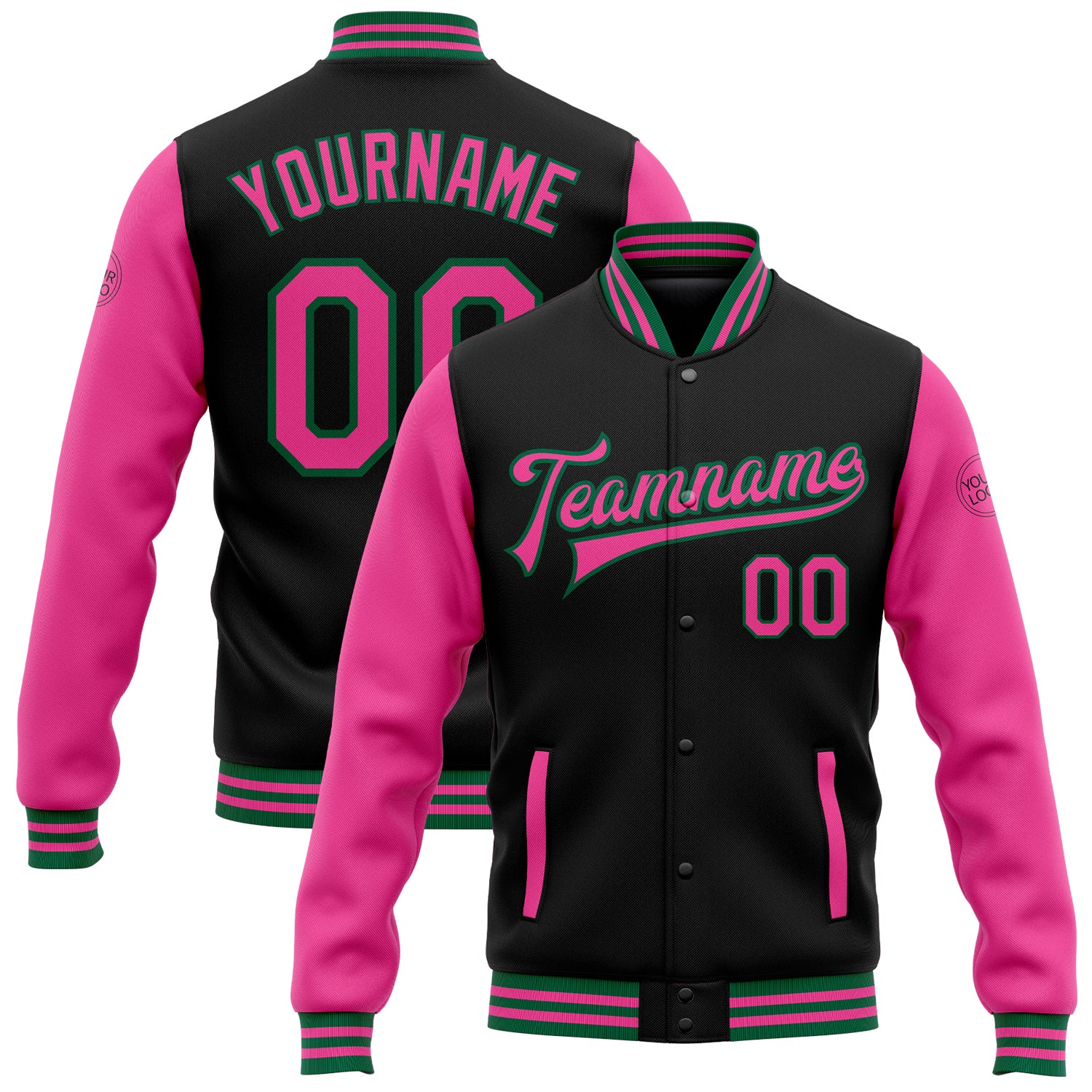 Custom Two Tone Bomber Jacket with Personalized Name and Number in Black Pink-Kelly Green Full-Snap Varsity Style Personalized