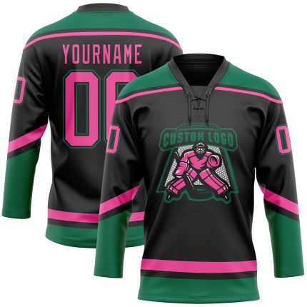 Personalized Hockey Jersey Black Pink Kelly Green Lace Neck Design Personalized Black Pink-Kelly Green Hockey Lace Neck Jersey
