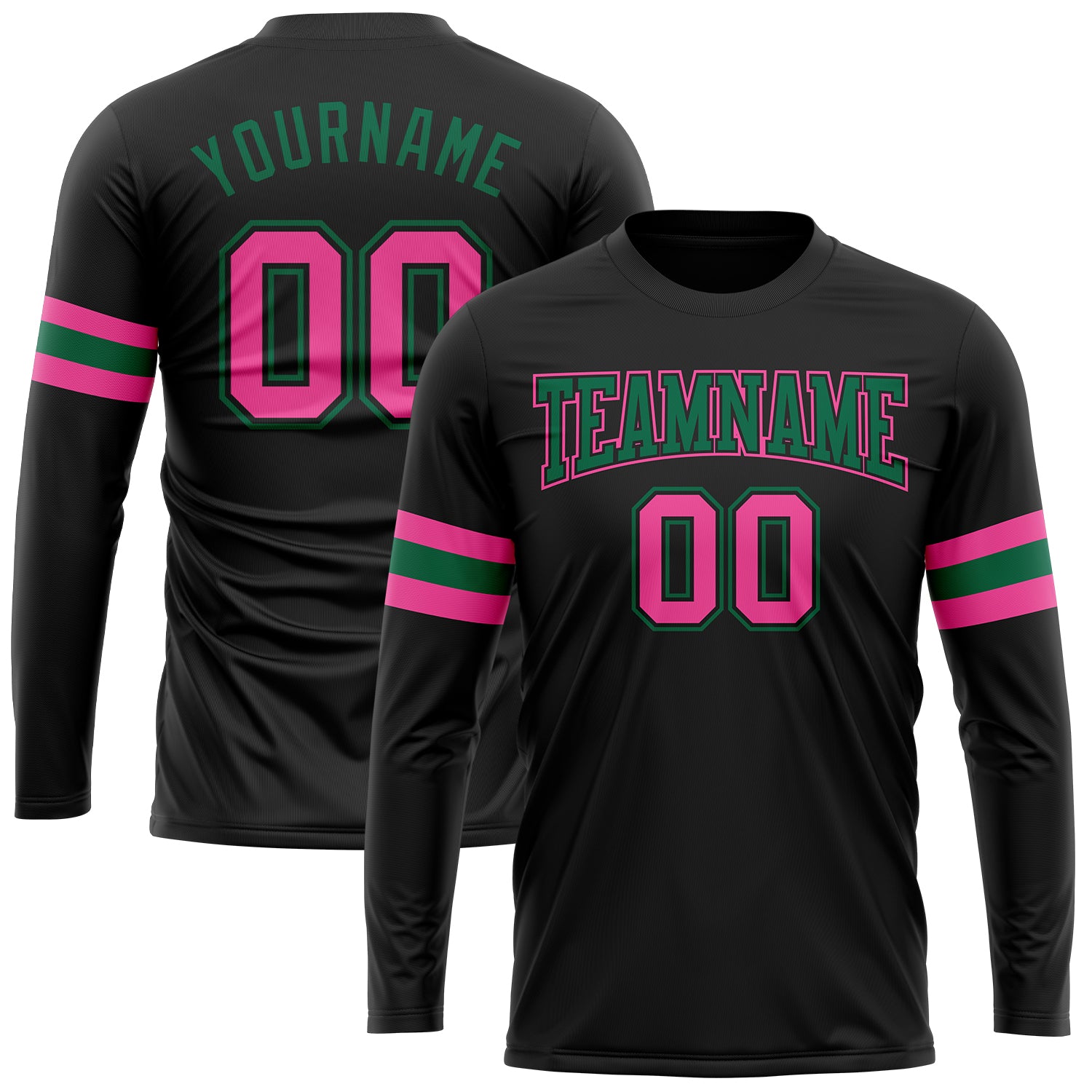 Custom Name Number Long Sleeve Performance T-Shirt Black Pink Kelly Green - Personalized Team Shirt Personalized Black Pink-Kelly