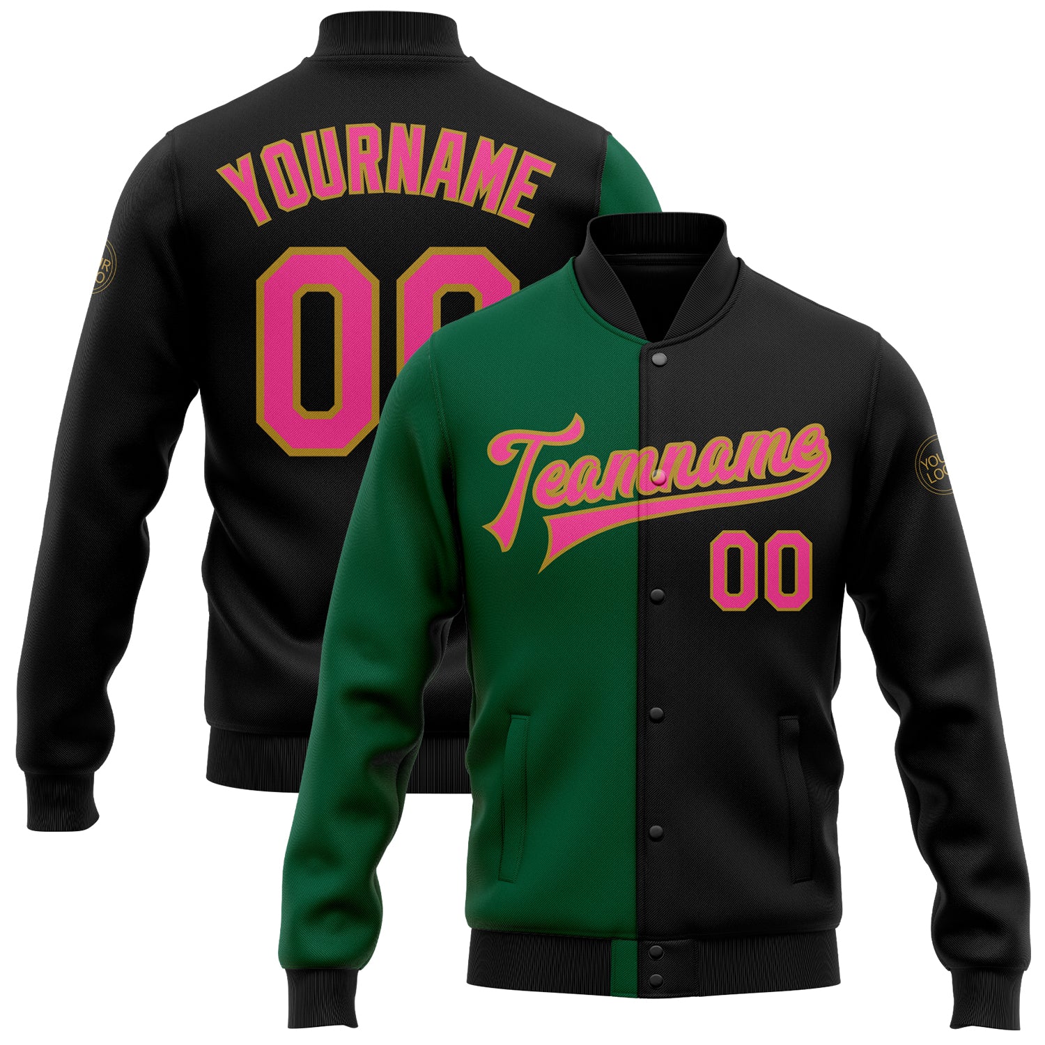 Personalized Bomber Jacket in Black, Pink, Kelly Green & Old Gold - Full-Snap Varsity Letterman Fashion Jacket Personalized