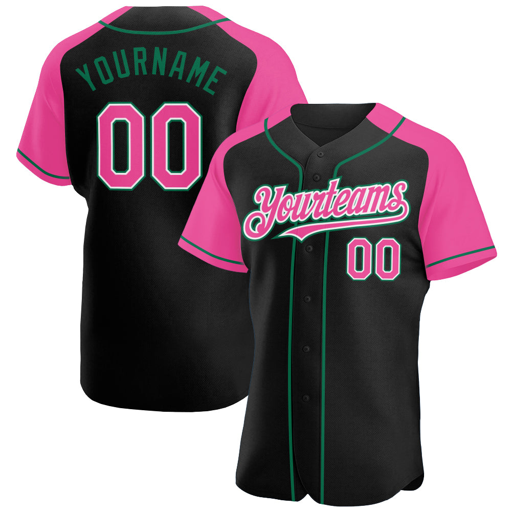Personalized Black and Pink Baseball Jersey with Kelly Green Raglan Sleeves Personalized Black Pink-Kelly Green Raglan Sleeves