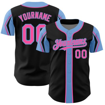 Personalized Black Pink Light Blue Baseball Jersey with Arm Shapes - 3 Colors Available Personalized Black Pink-Light Blue